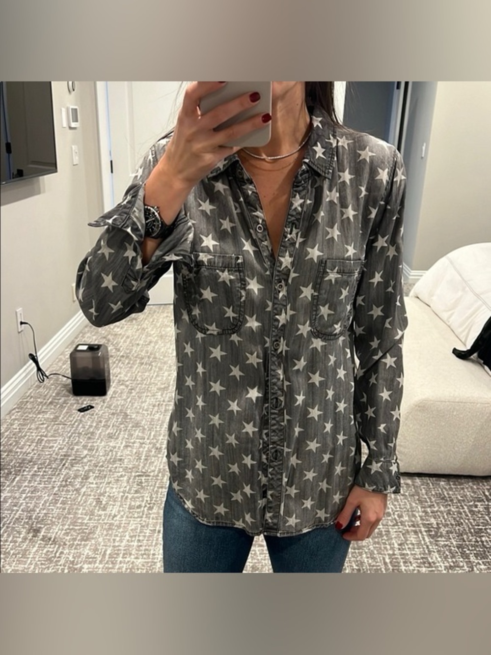 Rails Gray Star Print Denim Lightweight Button-Up Shirt Small